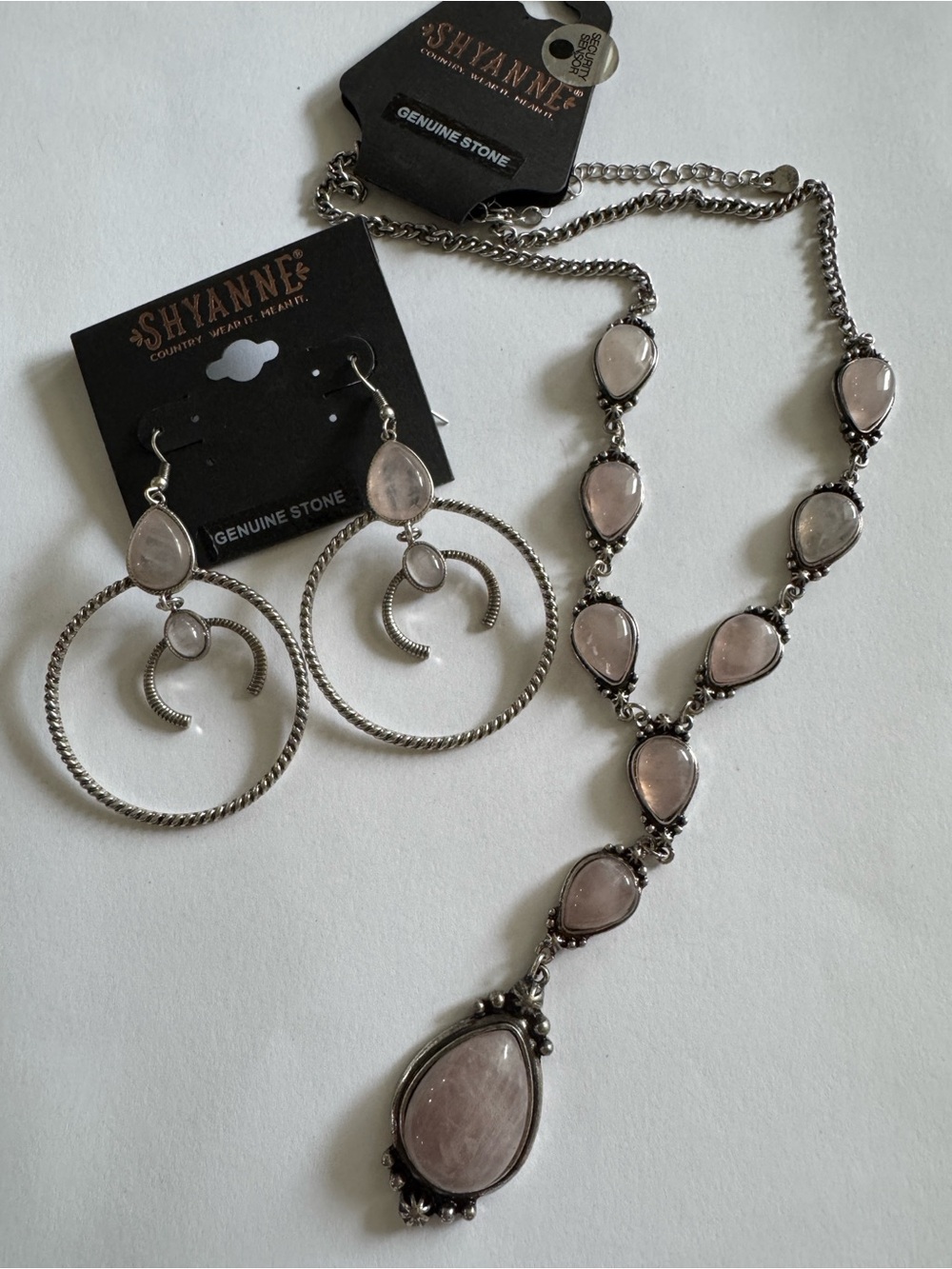Shyanne Silver-Tone Necklace & Hoop Earring Set with Light Pink Stones